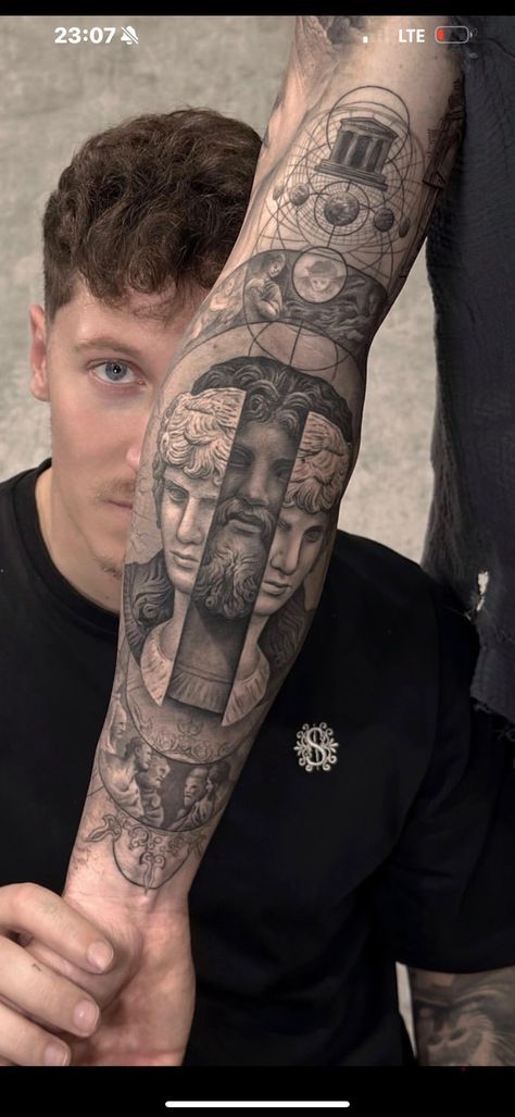 Stoic Forearm Tattoo, Men’s Realism Tattoo, Greek Patchwork Tattoo Sleeve, Classical Art Tattoo Sleeve, Men Sleeve Tattoo Ideas Unique, Arm Tattoo Template, Greece Mythology Tattoo, Arm Sleeve Tattoos For Guys, Philosophy Tattoos