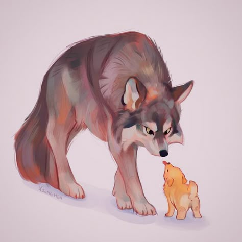 Xiong Hea on Instagram: ""you're telling me that this potato used to be a wolf in the past??!!!" I just wanted to draw something cute so have a potat blepping at a wolf!!! 🐺🐶 But yeah I am finally starting to get the hang of letting the brushworks carry the work and not over-render... (LESS IS MORE😤) it's actually harder to make good art with scribbles and I still need more practice at it! . . . . . #wolf #puppy #wolfart #animalart #digitalart #sketch #digitalsketch #sketchbook #sketchbookart Wolf Art Drawing, Wolf Puppy, Cute Wolf Drawings, Canine Drawing, Wolf Illustration, Puppy Drawing, Good Art, Puppy Art, Dog Sketch