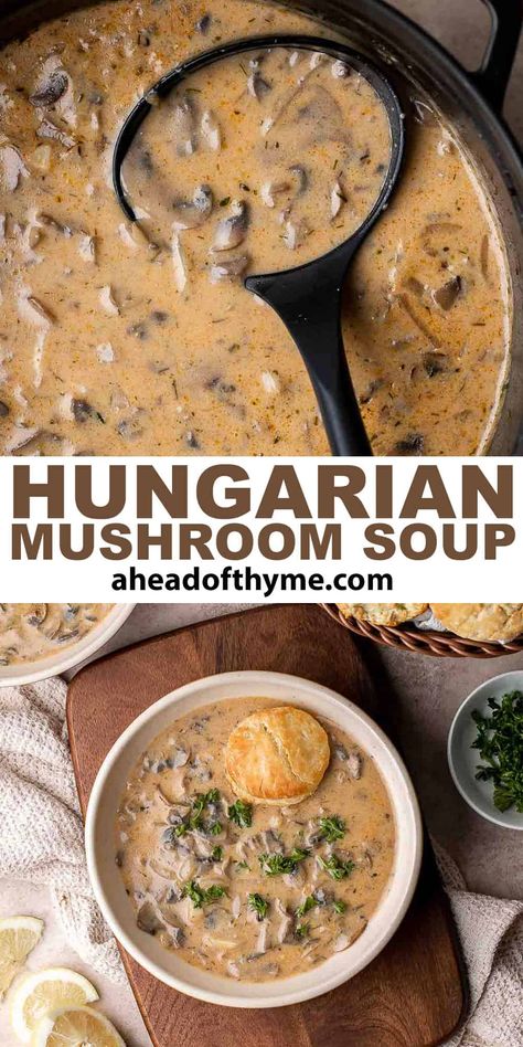 This rich, hearty Hungarian Mushroom Soup features a bounty of tender, earthy mushrooms in a perfectly seasoned, creamy broth. Plus, this nostalgic Hungarian recipe comes together in almost no time at all and is the perfect way to warm up on those cool nights. You just need a little crusty bread, a dollop of sour cream, and dinner is served! Mushroom soup is one of the most comforting types of soup. | aheadofthyme.com #hungarianmushroomsoup #mushroomsoup via @aheadofthyme Soul Warming Hungarian Mushroom Soup, Instant Pot Hungarian Mushroom Soup, Slovak Mushroom Soup Christmas Eve, German Mushroom Soup, Crock Pot Mushroom Soup, Creamy Mushroom Soup Crockpot, Ukrainian Mushroom Soup, Spicy Mushroom Soup, Creamy Hungarian Mushroom Soup