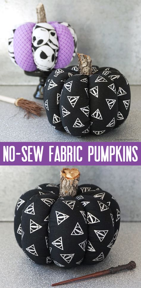 No-Sew Fabric Pumpkins | artsy-fartsy mama Fabric Pumpkins No Sew, Halloween Pillows Diy, Quick Halloween Crafts, Halloween Fabric Crafts, Nightmare Before Christmas Pumpkin, Harry Potter Fabric, Christmas Pumpkins, Fall Pumpkin Crafts, Pumpkin Uses