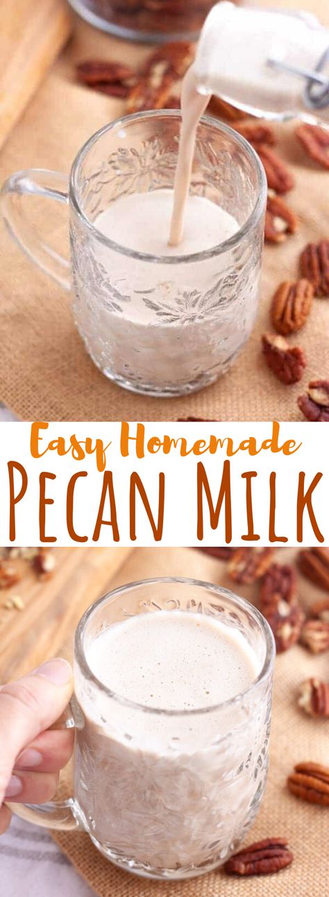 Creamy homemade pecan milk recipe that is delicious and easy to make! Don't bother buying plant milk anymore! #homemadeplantmilk #veganmilkrecipe Pecan Milk Recipe, Nut Milk Recipe, Pecan Milk, Homemade Nut Milk, Vegan Drinks Recipes, Oat Milk Recipe, Vegan Pecan, Vegan Peanut Butter Cookies, Healthy Milk