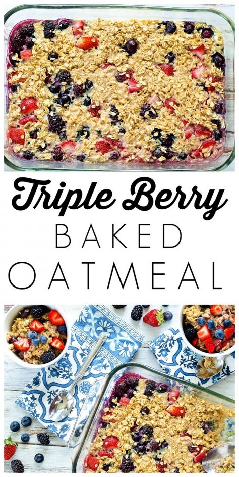 Triple Berry Baked Oatmeal--a healthy breakfast recipe you can mix together the night before and bake in the morning. Easy and delicious! Berry Baked Oatmeal, Baked Oatmeal Healthy, Breakfast Oatmeal Recipes, Healthy Breakfast Recipe, Baked Oatmeal Recipes, Fruit Breakfast, Oatmeal Breakfast, Snacks Saludables, Baked Oatmeal