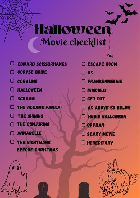 A checklist with Halloween movies Horror Movies To Watch List, Halloween Movies List Horror Films, Action Movies To Watch List, Halloween Movie Checklist, Fall Quotes Aesthetic, Halloween Checklist, Best Horror Movies List, Wallpaper Backgrounds Halloween, Halloween Movie Night Party