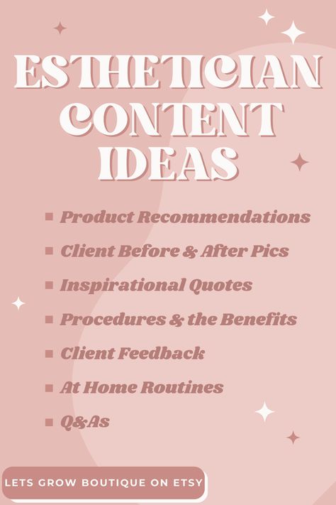 Use this list as a guide to different social media content ideas for estheticians looking to expand their business. If you like this, you may like my shirts and sweatshirts made specifically for skin therapists like you! Click the link to checkout my Etsy shop, and use code LOVE20 while you're at it for an exclusive discount!  #EstheticianPosts #EstheticianContentIdeas #EstheticianMarketing #EstheticianBusiness #SkinTherapistAesthetic #EstheticianAesthetic Esthetician Instagram Feed Ideas, Esthetician Tiktok Ideas, Esthetician Brand Name Ideas, Esthetician Ig Post Ideas, Esthetician Social Media Content, Esthetician Content Ideas, Esthetics Content, Esthetician Post Ideas, Esthetician Content