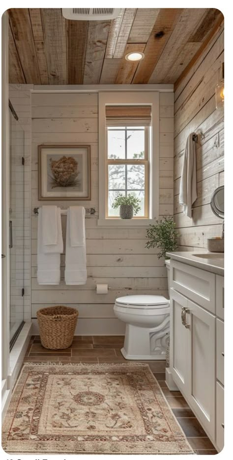 Country Cottage Interiors Bathroom, Modern Cottage Core Bathroom, Cottage In The Woods Interior, Cottage Shower Room, Bathroom Wood Paneling, Homestead Bathroom, Cottage Decor Bathroom, Rustic Cottage Bathroom, Barn Tiny House