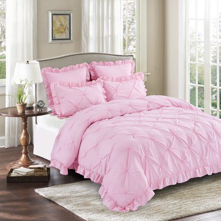 The HIG 5 Pieces Bedding Set provides a supremely soft feel and a luxurious layer of breathable warmth! This light weight of the farmhouse comforter set makes it a great choice for year-round use, from one season to the next.Pinch-pleat detailing brings both visual and textural appeal. The Luxurious Bad in a bag is made of 100% polyester, it has 1 comforter, 2 pillow shams, 2 euro shams. For better appearance and service life, dry clean is highly recommended. Size: King.  Color: Pink. Pintuck Comforter, Romantic Princess, Pink Comforter, Colorful Comforter, Bed In A Bag, King Comforter Sets, Pink Home Decor, Down Comforter, Queen Comforter Sets