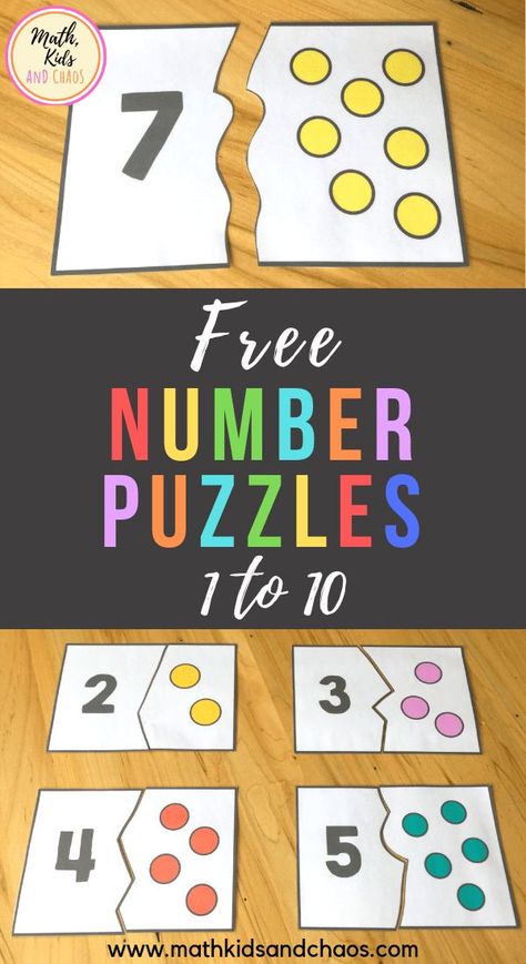 FREE number puzzles for the numbers 1 - 10. These fun, colorful number puzzles are perfect for preschool and Kindergarten age children to practice counting and number recognition skills. Each puzzle card is split into two pieces - a number and a dot picture. Puzzles are self-correcting, meaning that two puzzle pieces will only fit together if the math is correct. Free to download. Click through to read more! #mathcenters #numbersense #numbersto10 #preschoolmath #mathkidsandchaos #numberpuzzle Emergent Mathematics Activities, Preschool Number Puzzles, Aktiviti Tadika, Portfolio Project, Aktiviti Kanak-kanak, Numbers Kindergarten, Number Puzzles, Daycare Ideas, Numbers Preschool