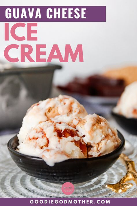 For a seriously Cuban inspired ice cream, you have to make this guava cheese ice cream recipe! With a cream cheese ice cream base, swirls of guava, and chunks of Maria cookie, it's the flavor of Miami - no travel required.#icecream #fromscratch #cubanfood #nobakedessert #easyicecream #guavacheese Guava Ice Cream, Cream Cheese Ice Cream, Guava Cheese, Hawaiian Ice, Guava And Cream Cheese, Flavor Combos, Cheese Ice Cream, Trim Healthy Recipes, Pretzel Bun