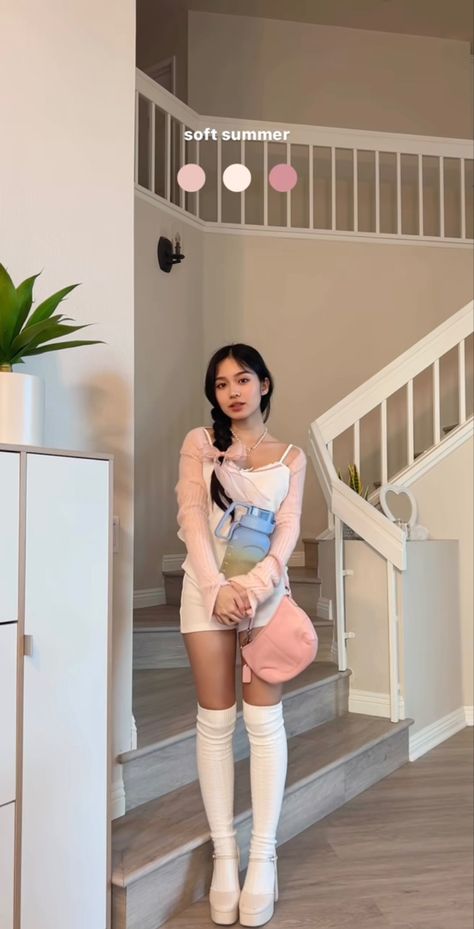 Pink Knee High Socks Outfit, Thigh High White Socks Outfit, Pink Acedamia Outfits, Jessica Vu Outfit, Sheer Knee High Socks Outfit, Cocette Aesthetic Outfit Pink, Thigh High Sock Outfit, Thigh Socks Outfit, Thigh Socks Outfits