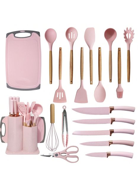 Pink  Collar     Embellished   Kitchen & Dining Pink Gold Kitchen, Pink Kitchen Utensils, Organize Ideas, Silicone Kitchen Utensils, Baking Utensils, Aesthetic Kitchen, Utensils Set, Kitchen Cutlery, Money Tree