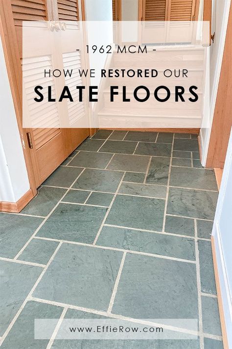 For the first few months of living in our new home, I was quite convinced that we were going to rip out the entryway floors and put in some oversized contemporary tiles. I had tried various techniques to clean them but it became apparent that the majority of the stains were sealed in. To be … Green Slate Bathroom, Slate Foyer Entryway, Green Slate Floor, Entryway Flooring Ideas, Painting Slate, Flooring Renovation, Green Tile Floor, Hawthorn House, Slate Bathroom