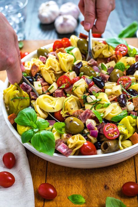 Antipasto Tortellini Pasta Salad. This packed potluck favorite includes multiple cheeses, meats, olives, peppers, and more to create a hearty Italian-inspired summer side dish. | hostthetoast.com Salad Tortellini, Antipasto Pasta Salad, Antipasto Pasta, Tortellini Pasta Salad, Antipasto Pasta Salads, Appetizer Party, Pasta Salad Ingredients, Pasta Salad With Tortellini, Antipasto Salad