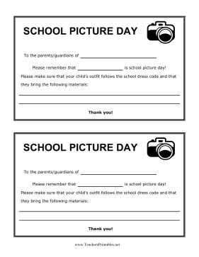 Teachers can remind parents of school picture day with this printable form featuring a cartoon camera for photos. Free to download and print Teacher Binder Organization, Cartoon Camera, School Picture Day, Poem Template, Sign Up Sheets, College Preparation, School Forms, School Picture, School Id