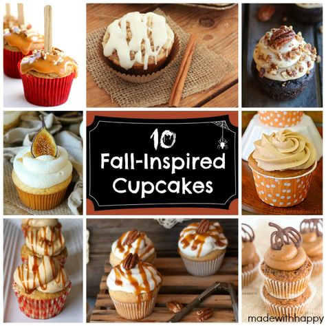 Fall Inspired Cupcakes | Apple Cupcakes, Pumpkin Cupcakes and more | www.madewithHAPPY.com Fall Bake Sale, Thanksgiving Cupcakes, Apple Cupcakes, Fall Cupcakes, Holiday Cupcakes, Fall Cakes, Cupcake Flavors, Pumpkin Cupcakes, Cupcake Ideas