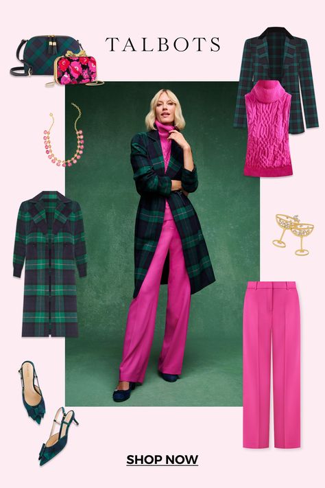 Perennial favorite Black Watch plaid gets all dolled up this holiday—with festive and feminine fuchsia. Shop Talbots NEW holiday lookbook now! Talbots Holiday Outfits, Black Watch Plaid Outfit, Pink Holiday Outfits, Christmas Plaid Outfit, Fuchsia Outfit, Talbots Outfits, Talbots Fashion, Black Watch Plaid, Holiday Lookbook