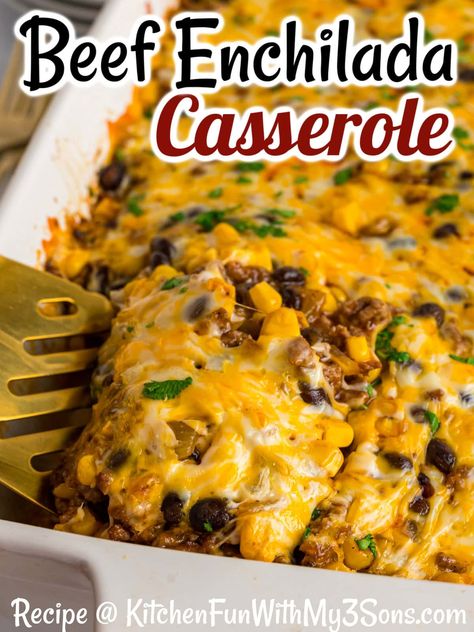 With ingredients like ground beef, enchilada sauce, beans, corn, and tortillas, this Easy Beef Enchilada Casserole recipe offers all the great flavors of classic enchiladas with none of the work. Perfect for busy weeknights! #groundbeefrecipes #easycasseroles #texmexrecipes Quick Easy Mexican Meals, Ground Beef Corn Recipes, Enchalidas Casserole Beef, Easy Beef Enchilada Casserole, Hamburger Enchilada Casserole, Taco Enchilada Casserole, Enchiladas Casserole Beef, Beef Fajita Casserole Recipe, Recipes Using Enchilada Sauce