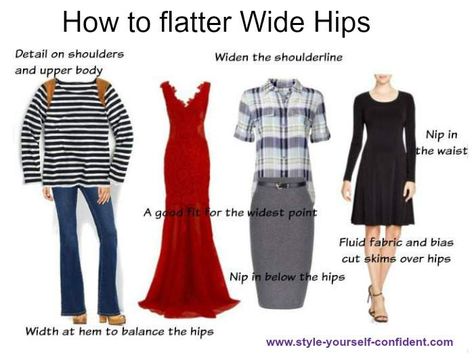 How to flatter wide hips #wide hips #curved hips  http://www.style-yourself-confident.com/wide-hips.html Big Hips Fashion, Pear Body Shape Fashion, Pear Shape Fashion, Hourglass Fashion, Pear Body Shape, Curvy Hips, Fashion Tips For Women, Types Of Dresses, Styling Tips