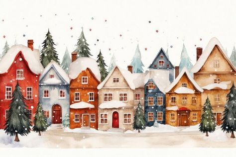 Christmas Town Painting, Winter Town Illustration, Christmas City Illustration, Christmas House Drawing, Christmas Town Illustration, Christmas House Illustration, Winter Illustration Art, Cute House Illustration, Illustration Art Christmas