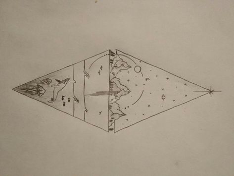 A little piece of "art", diamond shaped mountain and ocean scene. Tattoo idea? Triangle Space Tattoo, Ocean And Space Tattoo, Diamond Shaped Tattoo, Ocean Scene Tattoo, Mountain Ocean Tattoo, Orion Tattoo, Underwater Tattoo, Tattoos 2022, Hawaii Tattoo