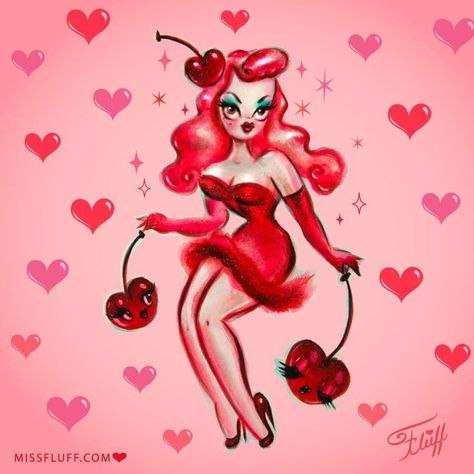 Miss Fluff Art, Fluff Art, Dark Alice In Wonderland, Rockabilly Art, Miss Fluff, Cartoon Character Tattoos, Pinup Art, Vintage Inspired Art, Android Wallpaper Flowers