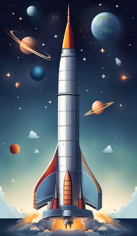 A simple banner-like image of a space rocket detailed with fascinating detail and an impressive wallpaper illustrator. Space Rocket Illustration, Brand Animation, Rocket Drawing, Rocket Model, Impressive Wallpaper, Dmc Delorean, Rocket Design, Space Drawings, Space Craft