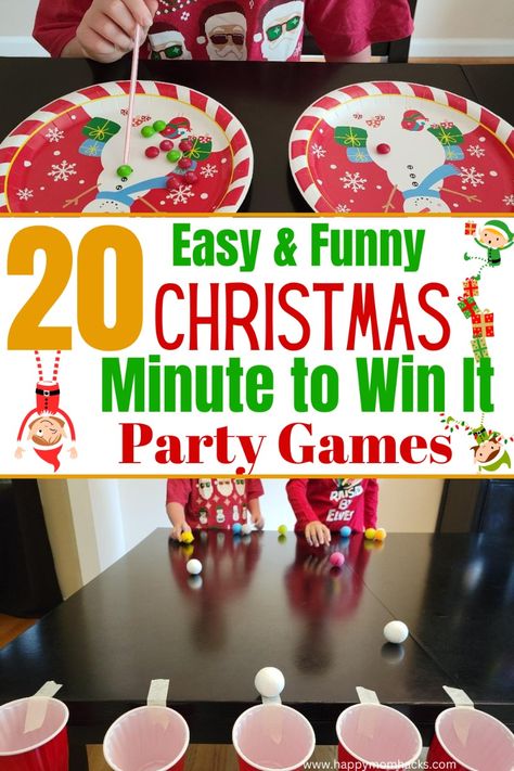 20 Fun & Easy Minute to Win It Games for Families. Quick 1 minute games that are funny challenges for kids & adults. Play these holiday party games at Christmas parties, class parties, youth groups, Ugly Sweater parties, or office parties. Perfect group games to get everyone at your party laughing and having fun together! Christmas Games For Family Minute To Win It, Work Christmas Party Games Hilarious, Christmas Classroom Games For Kids, Christmas Games For Class Party, Work Xmas Party Games, Classroom Christmas Games 3rd Grade, Family Games At Christmas, Fun Games For Christmas Party Families, Funny Holiday Games For Adults