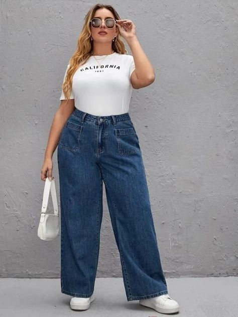 Plus Size Baggy Jeans Outfit, Plus Size Baggy Jeans, Baggy Jeans Outfit Ideas, Wide Leg Jeans Plus, Wide Leg Jeans Plus Size, Plus Size Baggy, Outfits Gorditas, Wide Leg Jeans Outfit, Mum Jeans