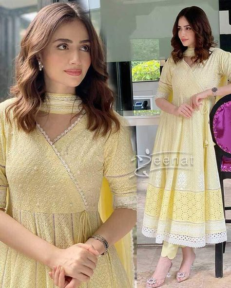 Ansab Jahangir Dresses, Monochrome Outfit Indian, Anakarli Dress Pattern, Chikenkari Dress Ideas Frock, Angarkha Frock, Chikenkari Dress Ideas Kurti, Sana Javed Dress, Chikenkari Dress Ideas, Angarkha Kurti