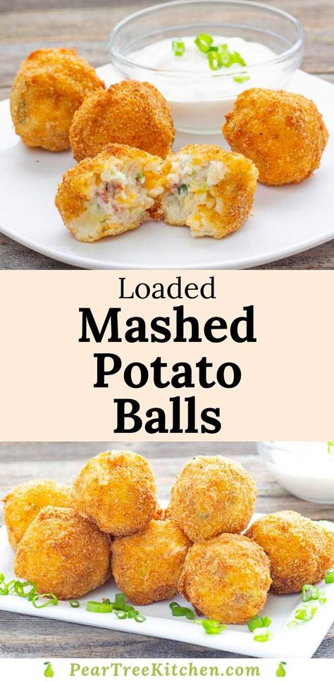 Fully Loaded Mashed Potatoes, Loaded Mashed Potato Balls, Fried Mashed Potato Balls, Mashed Potato Bites, Fried Mashed Potatoes, Baked Potato Toppings, Mashed Potato Balls, Potato Balls, Potato Croquettes