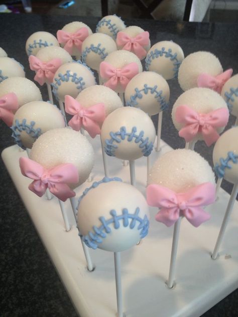 Gender Reveal Cake Pops!! Beau's or Bow's??? mailto:Bitesbybrandi@gmail.com @brandiiibakes Gender Reveal Cakepops, Soccer Gender Reveal, Gender Reveal Cake Pops, Gender Reveal Food, Baseball Gender Reveal, Gender Reveal Party Food, Gender Reveal Box, Baby Gender Reveal Party Decorations, Gender Reveal Party Games