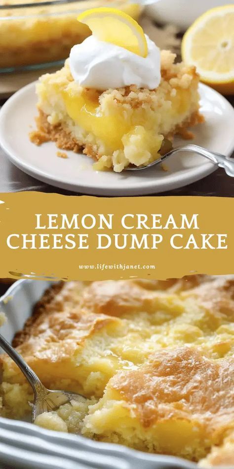 Lemon Cream Cheese Dump Cake, Cream Cheese Dump Cake, Lemon Dump Cake Recipe, Snacking Cake, Finger Desserts, Box Lemon Cake, Lemon Pie Filling, Lemon Cream Cheese, Lemon Dessert