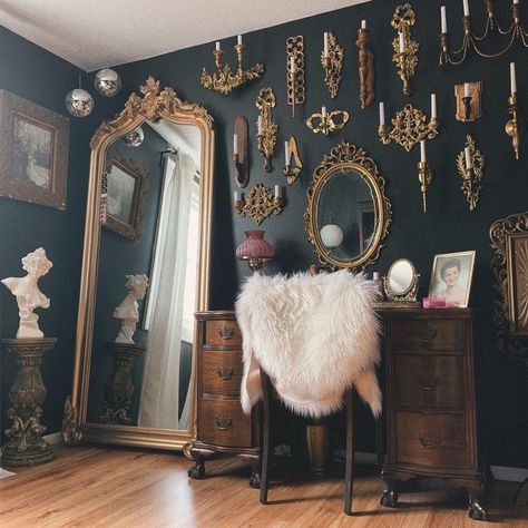 Colorful Goth Bedroom, Diy Gothic Bathroom Decor, Goth Office Aesthetic, Maximalist Decor Gothic, Dark Moody Bedroom Ideas Eclectic, White Witchy Bedroom, Whimsigothic Home Aesthetic, Maximalist Moody Bedroom, Witchy Maximalist Decor