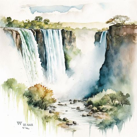 Watercolor Art Fantasy Landscape, Watercolour Waterfall, Floral Painting Videos, Waterfall Watercolor, Ocean Art Painting, Watercolor Scenery, Watercolor Art Landscape, Waterfall Paintings, Landscape Painting Tutorial