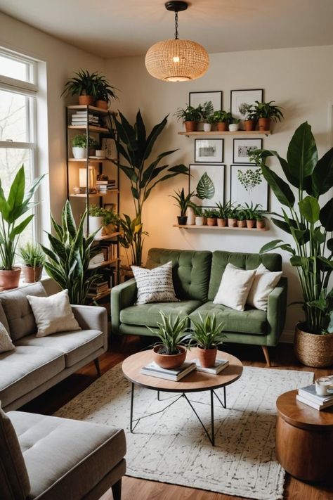 Farmhouse Living Room Green Couch, Plant Decor In Living Room, Cozy Living Room With Plants, Plant Home Decor Living Room, Living Room With Big Plants, Plant Room Ideas Aesthetic, Living Room Accent Wall Green, Living Room Inspiration Plants, Cozy Living Room Plants