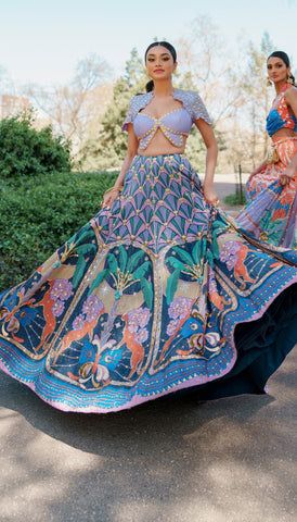 Printed Lehenga, Butterfly Blouse, Blue Lehenga, Lehenga Online, Forest Print, Indian Bridal Wear, Tropical Blue, Puff Sleeve Blouse, Indian Design