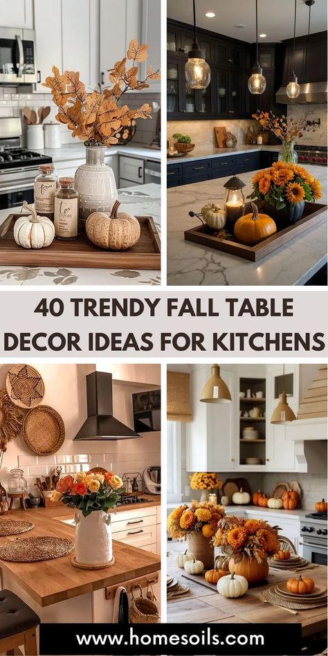 Spruce up your kitchen with these 40 trendy fall table decor ideas! From chic centerpieces to autumn-inspired accents, create a warm and stylish setting for the season. Visit our site for fresh inspiration to elevate your fall tablescape! Thanksgiving Sideboard Decor, Kitchen Island Thanksgiving Decor, Farmhouse Table Centerpiece Ideas, Fall Thanksgiving Table Decor, Kitchen Island Fall Decor Centerpieces, Fall Center Piece Dining Room, Thanksgiving Countertop Decor, Fall Dinning Room Table Center Piece, Table Centerpieces For Home Fall