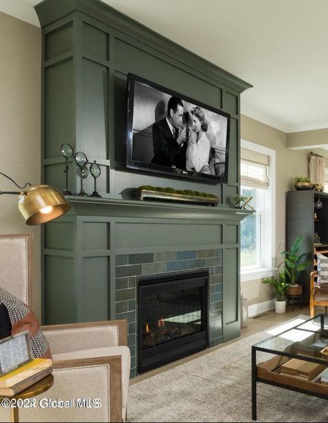 Painted Fireplace Green, Craftsman Living Room With Tv, Green Mantel Fireplace, Green Wall With Fireplace, Green Fireplace Surround, Sage Fireplace, Green Fireplace Mantle, Green Painted Fireplace, Green Fireplace Wall