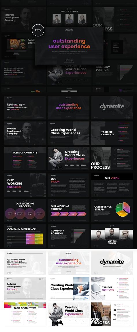 Dynamite - Creative PowerPoint Presentation Template - A great company is not just about the company itself, but also how you present your company. Dynamite is made for you to make your presentation looks professional. It's a modern and fresh Powerpoint template for a creative company, business, entrepreneur, professional. This template includes 25 unique slides with 2 color-thems: Dark and Light. Unique slides with different categories, Title, Paragraph, Team, Values, Portfolio, Services. Tech Slide Design, Presentation Dark Design, Professional Slide Design, Dark Presentation Template, Dark Powerpoint Template, Presentation Title Slide Design, Tech Company Profile Design, Dark Powerpoint Design, Powerpoint Business Design