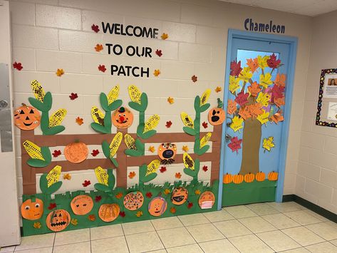 Welcome To Our Patch Door, Fall Preschool Hallway Decorations, Fall Welcome Boards Preschool, Halloween Fall Door Decorations Classroom, Autumn Theme Classroom, Pumpkin Patch Ideas For Classroom, Fall Wall For Classroom, Fall Classroom Door Ideas Kindergarten, Welcome To Our Patch Classroom Door