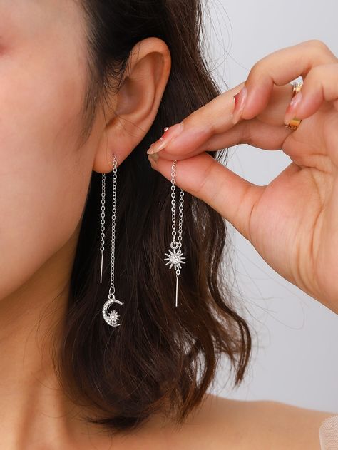 Silver Fashionable Collar  Zinc Alloy  Threader Earrings Embellished   Jewelry Moon Inspired Jewelry, Nighttime Photoshoot, Shein Earrings, Sun And Moon Earrings, Shein Jewelry, Earrings Shein, Look Grunge, Ear Threader, Sun Earrings