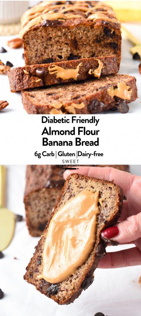 This Almond Flour Banana Bread is an easy, healthy recipe with no sugar added and dairy-free!Bonus, this banana bread is also low-carb with only 6 grams of net carbs per slice, 3 times less than regular banana bread, and perfect as a diabetic-friendly banana bread recipe. #HowToLoseFatBelly Banana Nut Bread Almond Flour, Healthy Dairy Free Banana Bread, No Carb Banana Bread, Low Carb Banana Recipes Healthy, Low Carb Banana Desserts, Banana Bread Recipe Low Carb, Banana And Almond Flour Recipes, Banana Bread With Almond Flour Recipes, Low Glycemic Bread Recipe