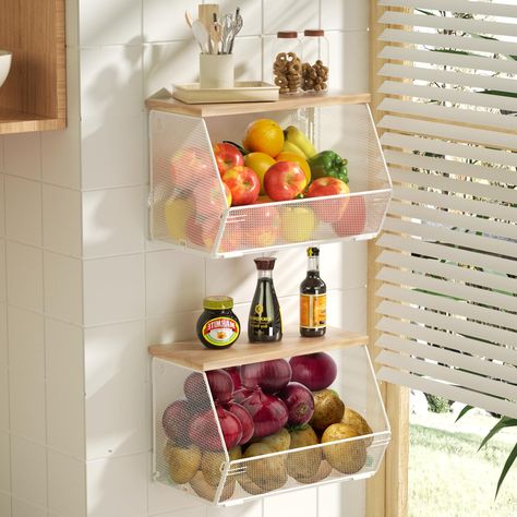 PRICES MAY VARY. 【Multi-purpose Storage Basket 】Litwaro fruit baskets are suitable for kitchen, bathroom, office, pantry and more. For the kitchen countertop organizer, you can store fruit, vegetables, bread, butter jars, coffee and more. Hanging baskets can even be used as a bathroom shelf for towels and bodywash. For the pantry, you can store some dry goods, cereal, chips, candy and soda, and kids can easily see the snacks and decide what they wish. 【Sturdy and Reliable】Produce baskets are mad Fruit Kitchen Storage, Fruit Basket Ideas Kitchen, Produce Organization, Onion And Potato Storage, Fruit Storage Ideas, 2 Tier Fruit Basket, Hanging Kitchen Storage, Hanging Fruit Basket, Bathroom Shelves For Towels