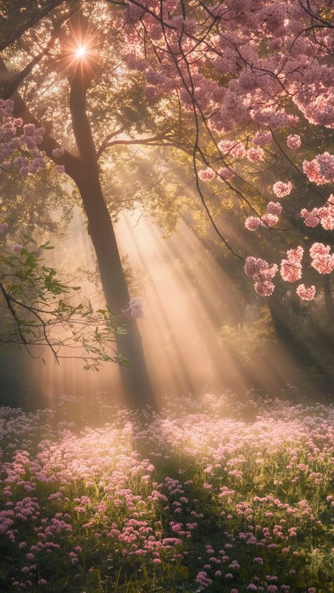 Romantic Nature Aesthetic, Light Flowers Wallpaper, Majestic Backgrounds, Beautiful Scenery Drawing, Ethereal Landscape, Magical Decor, Wallpaper Estetika, Trees And Flowers, Wallpaper Cantik