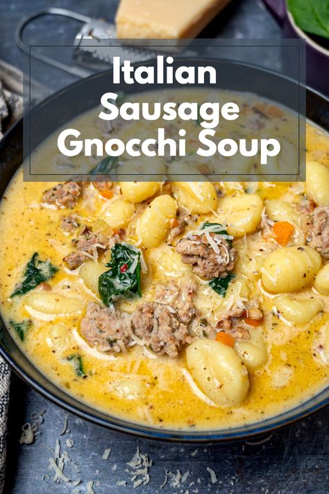 Bring home the flavors of Tuscany with this Creamy Sausage Gnocchi Soup. It's an easy, hearty meal that the whole family will love, full of Italian sausage and gnocchi goodness. Fall Soup Recipes Gnocchi, Gnocchi With Chicken Sausage, Soup Recipes Using Gnocchi, Soup Recipes With Ground Sausage, Creamy Italian Gnocchi Soup, Chorizo Gnocchi Soup, Soups Made With Gnocchi, Creamy Sausage And Gnocchi Soup, Sausage Nochi Soup