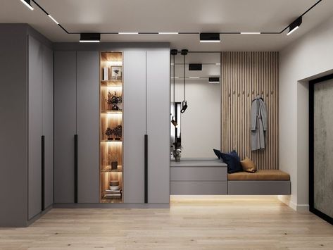 hallway Wardrobe Design Hallway, Hallway Wardrobe Ideas, Digital Interior Design, Hall Wardrobe, Vstupná Hala, Grey Wardrobe, Entrance Furniture, Scandinavian Kitchen Design, Home Hall Design