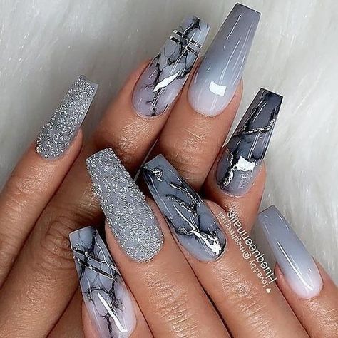 Marble Nail, Long Nail Designs, May Nails, Long Nail, Cute Acrylic Nail Designs, Gray Nails, Her Nails, Fall Acrylic Nails, Elf Makeup