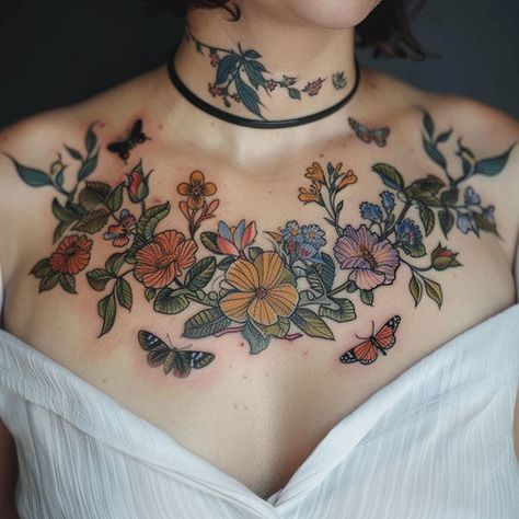 Bright Chest Tattoos For Women Tattoo Sketches Uterus Tattoos For Women, Chest Tattoo Female Plus Size, Collar Bone Tattoo Color, Chest Tattoo Female Color, Fire Tattoos For Women, Chest Tatoos Woman, Colorful Chest Tattoo, Stomach Tattoo Female, Minimalist Chest Tattoo