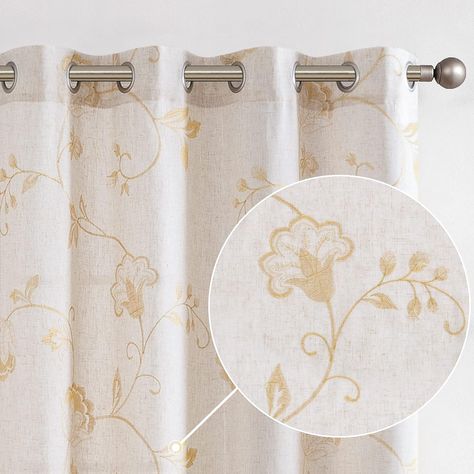 These semi-sheer beige and gold floral curtains are perfect for any room. Made of linen to be light with gold embroidery, they give a beautiful cottage aesthetic to your room. They come in a variety of sizes and colours so suit any home. Click the link for more information. #ad #curtains #beige #floral #gold #embroidery #decor #cottage #cottagecore #linen #sheer #drapes Burlap Drapes, Embroidery Window, Modern Farmhouse Curtains, Textured Curtains, Embroidered Curtains, Curtains Floral, Ivory Curtains, Insulated Drapes, Cream Curtains