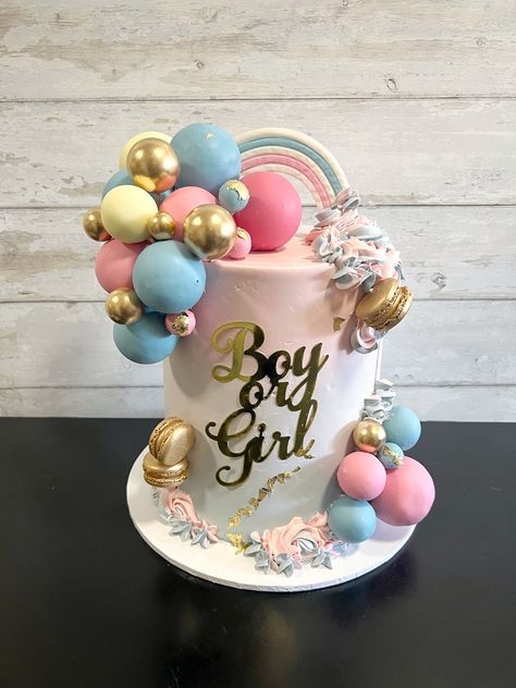 Gender reveal cake Gender Reveal Cake Rainbow, Gender Reveal Cake Design, Gender Reveal Cake Ideas, Gender Reveal Cakes, Chocolate Flowers Bouquet, Quick Baking, Baking Games, Chocolate Flowers, Gender Reveal Decorations