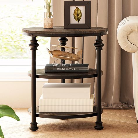 √ ELEGANT VINTAGE STYLE: The side table combines natural wood grain finish boards with thickened Roman column table legs to emphasize its carving's side elegant lines and great craftsmanship in details, which showcases a vintage glam style and creates a… Wood Bed Side Table, Round Side Table Living Room, Living Room End Table Decor, Side Table Decor Living Room, Living Room Accent Table, Stand For Bedroom, Side Table Living Room, Farmhouse End Tables, Round End Tables